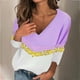 thumbnail image 2 of Camiseta con cuello en V de manga larga con estampado de cobertura suelta de costura de moda informal para mujer Fridja hkj3860, 2 of 5