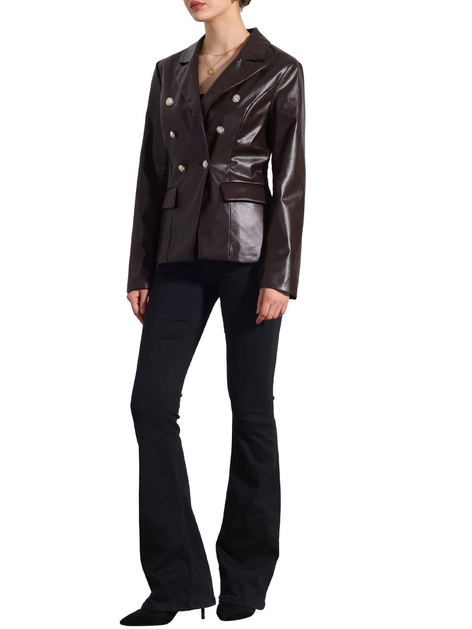 INSPIRE CHIC Women's Notched Lapel Faux Leather Blazer Double Breasted PU Work Formal Jackets
