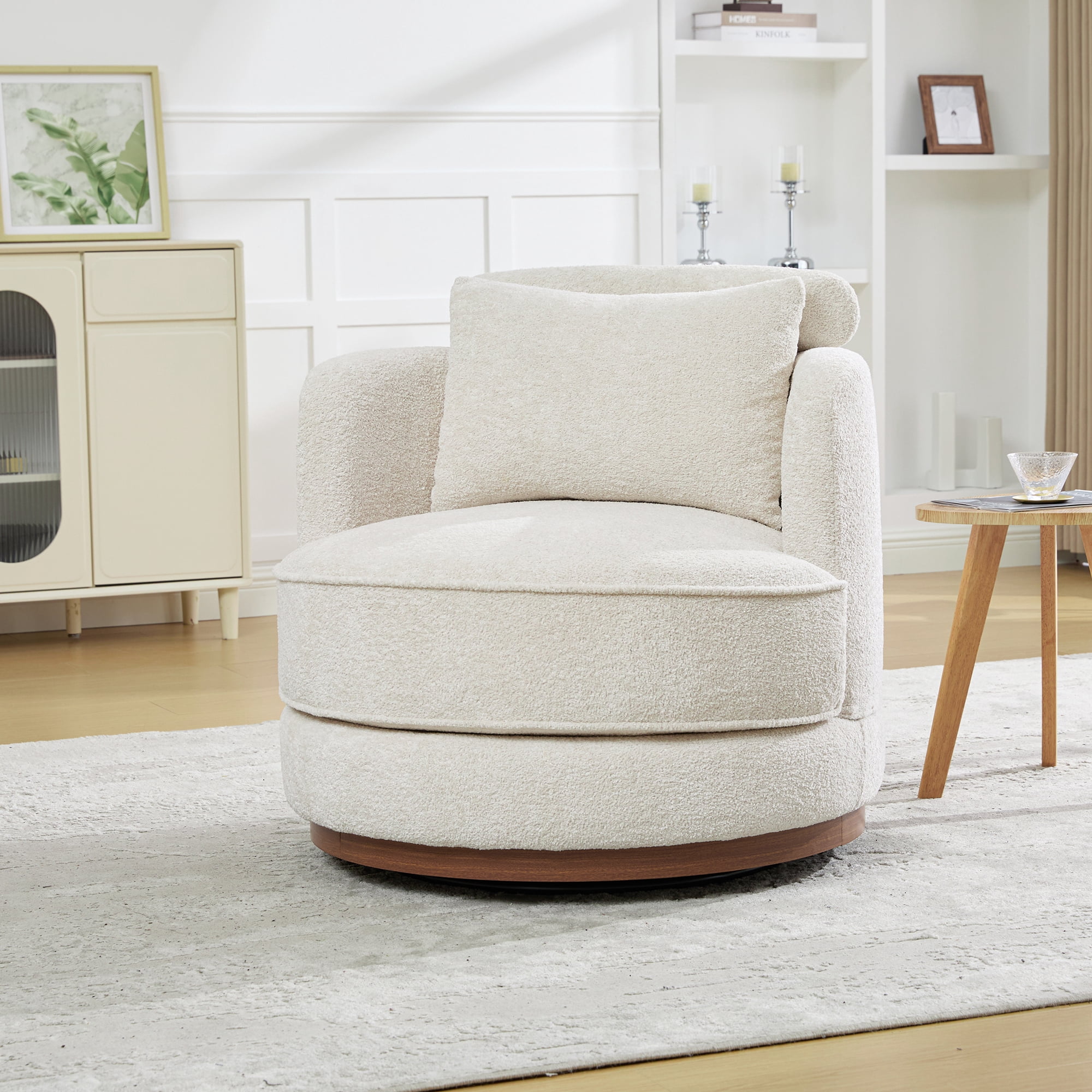 Leumius 360°Swivel Barrel Chair with 1 Plump Pillow and a Circular Wooden Base Ring, Round Chair with Removable Cushion for Living Room Bedroom Apartment,Beige