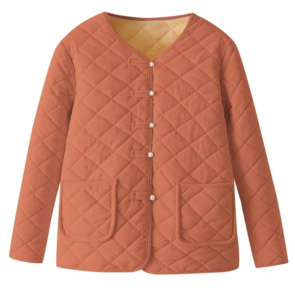 Wdfiry Senior Women's Jackets Solid Color Casual Winter Fleece Lined Button Jackets Outerwear Plus Size Warm Coat with Pockets