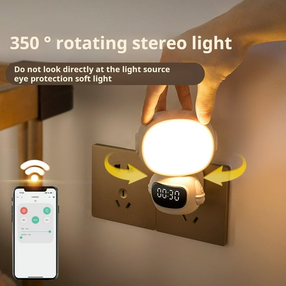 Pebbuoy LED Night Light Plug-in with Clock Remote Control Flicker Free Eye Protection 3 Light Colors Dimmable Night Lamp