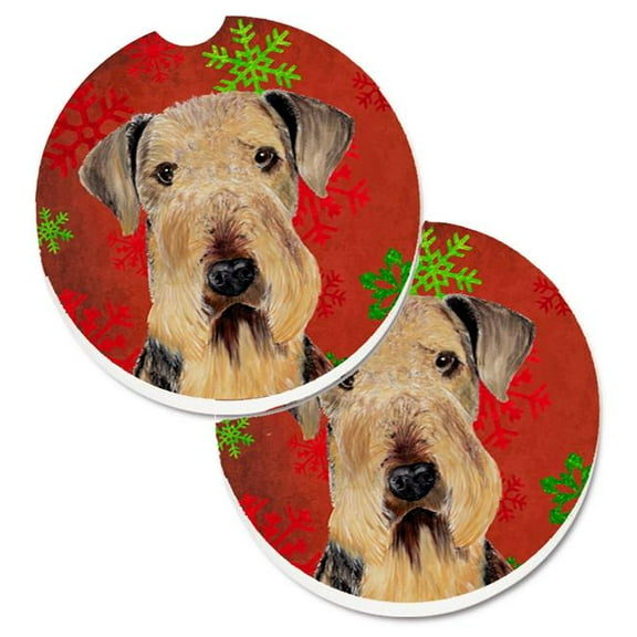 Airedale Red & Green Snowflakes Holiday Christmas Set of 2 Cup Holder Car Coaster