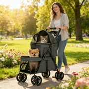 Puedo Double Pet Stroller for Small Cats and Dogs, Foldable Kittens Puppies Travel Strolling Cart with 2 Carriages, Lockable Wheels, Black