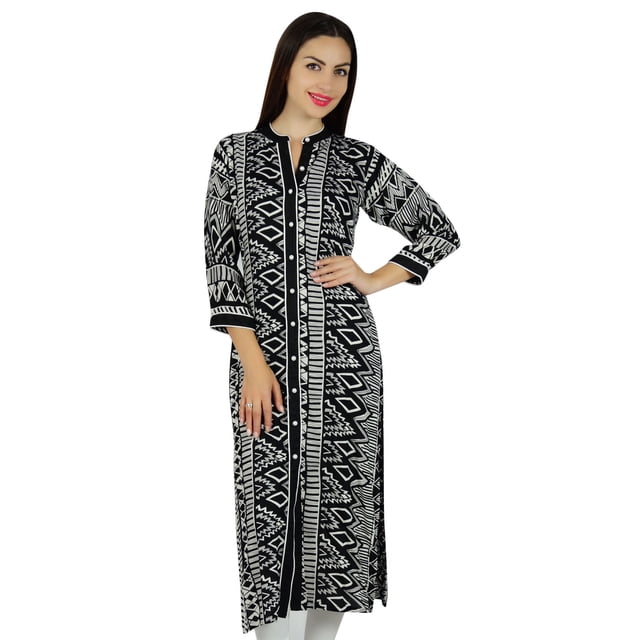 Bimba Kurta en Rayonne Imprimée Géométrique Noire pour Femmes Kurti Longue de Créateur Manches 3/4 Tunique Formelle Décontractée