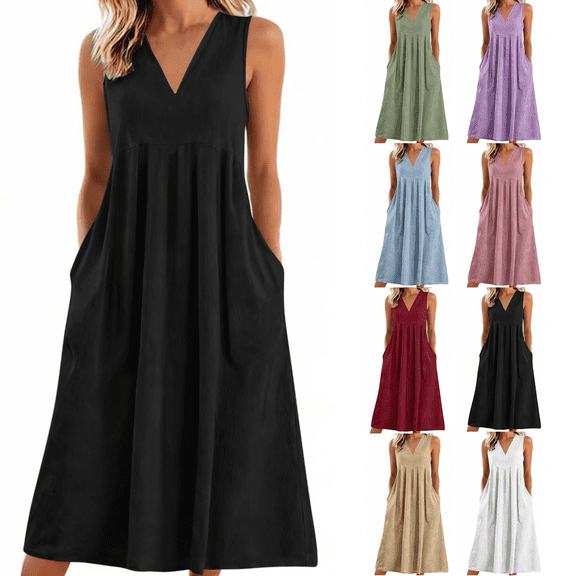 Gamivast Casual Dresses for Women Sleeveless V-Neck Midi Dress Empire Waist with Pockets Tank Dress Solid Color Flowy Summer Work Office Daily Playwear