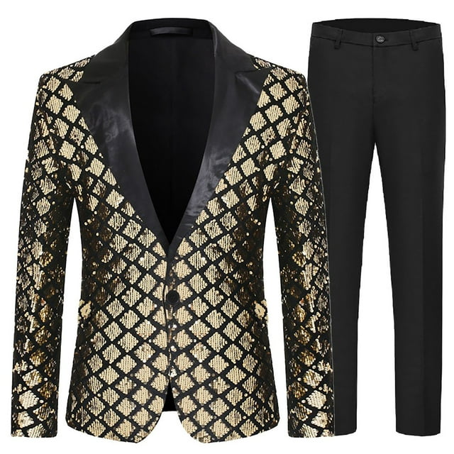 toraway Mens Sets 2 Piece Outfits Summer Long Pants Men's Sequined Jacket Pants Suit Tuxedo Party Dance Wedding Sequined Tuxedo One Button Jacket Set M