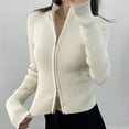thumbnail image 2 of Ediodpoh Women's Stand up Collar Striped Double Zip Sweater Sweater Jacket Tight Stretch Top Knit Tops for Women Beige M, 2 of 4
