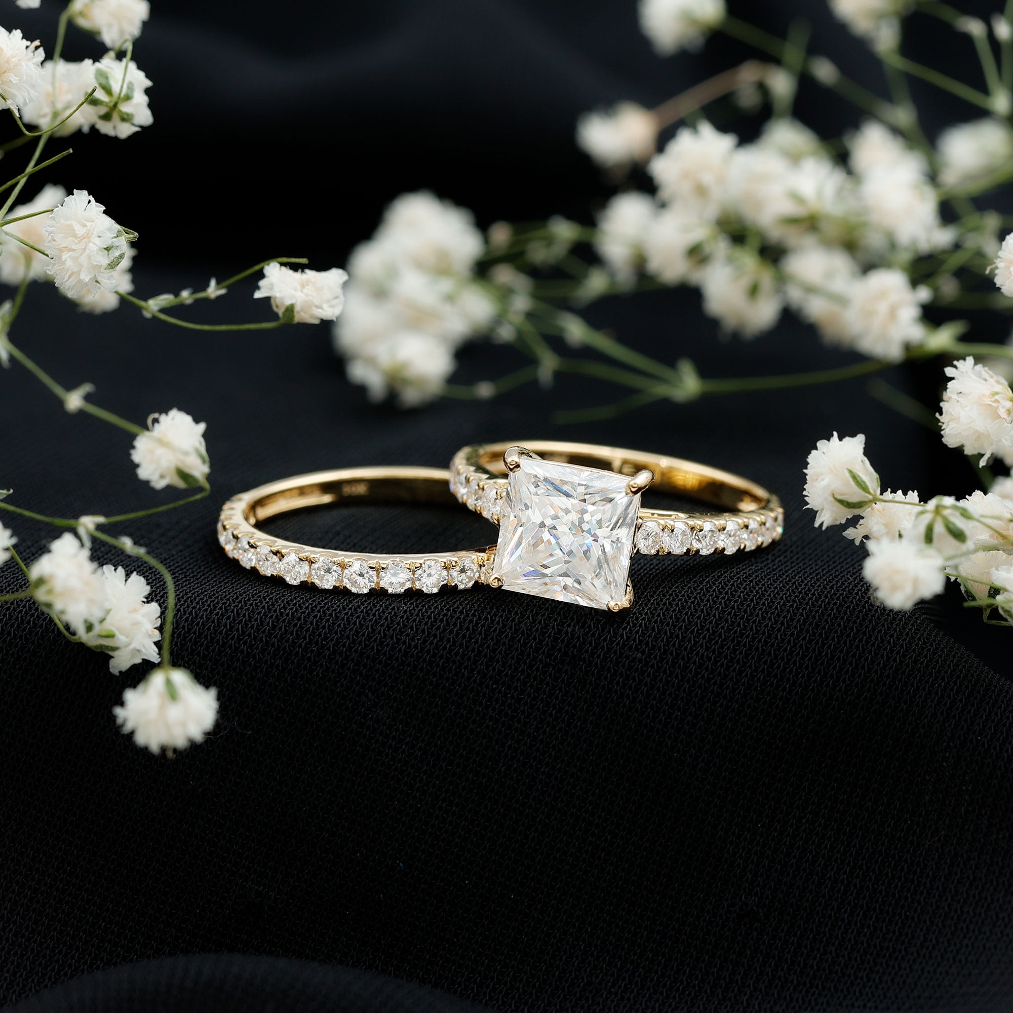 Rosec Jewels Certified Moissanite Princess Cut Wedding Ring Set for Women (8 mm, D-VS1 Quality) - 3 Carat Engagement Ring with Band, 14K Yellow Gold, US 10.00