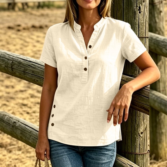 Women's V-Neck Button-Up Short Sleeve Blouse with Side Slit Detail