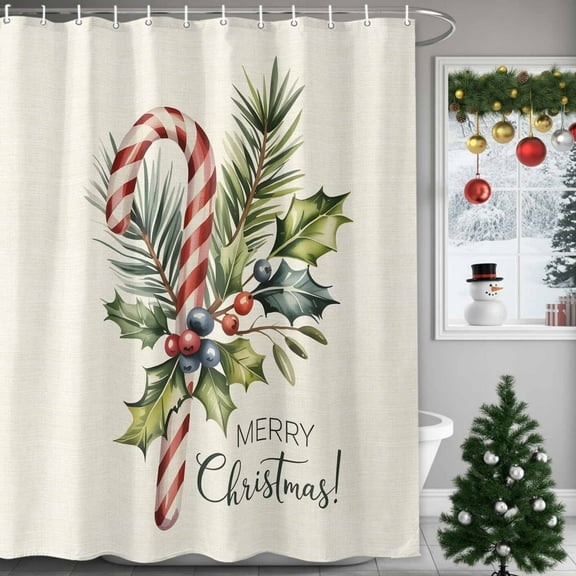 Candy Cane Shower Curtains for Bathroom, Merry Christmas Berry Leaf Winter Xmas Waterproof Fabric Shower Curtain for Bathroom Bathtub Decoration, Machine Washable, 54x"78"