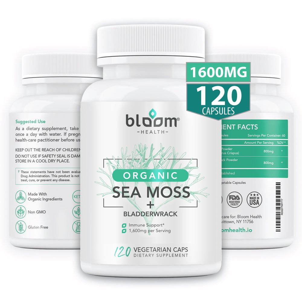 Bloom Health Sea Moss Supplement - Organic Irish Moss for Immune Support -  Non-GMO Seamoss Capsules for Thyroid Health - Vegan Raw Seamoss Pills with  Organic Bladderwrack Powder - 120 Vegetarian Caps 