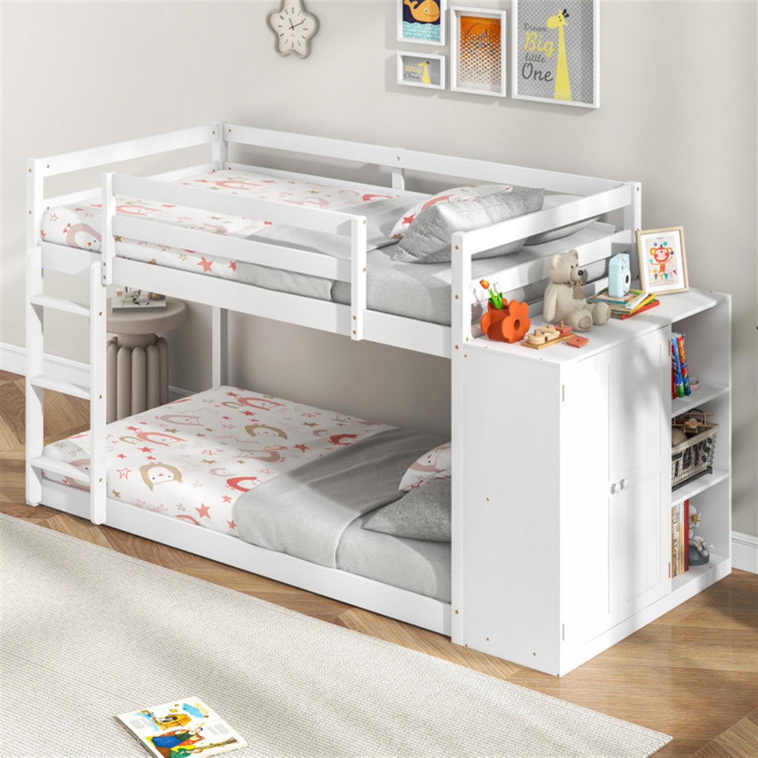 Demi Bonn Twin Over Twin Bunk Bed with Convertible Bookcase and Safety Guardrails, Twin Bunk Beds, Space-saving Solid Wood Bed Frame, White