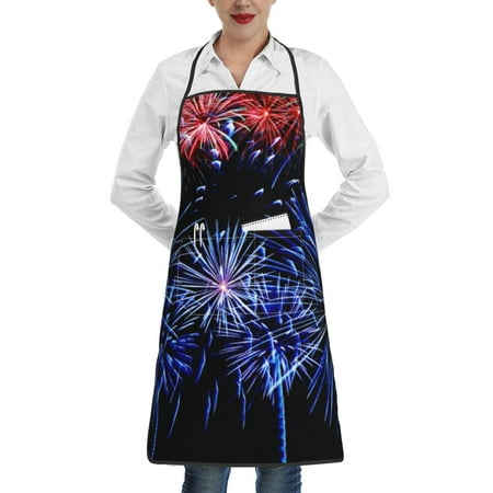 

Pofeuu Glasses And Fireworks Print Aprons with Pockets Cute Aprons for Kitchen Cooking Server Barber Chef Apron