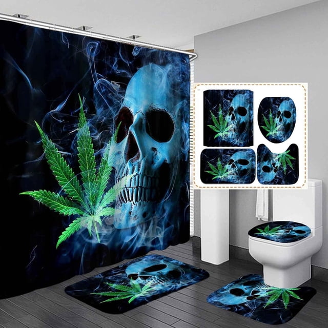 Juego de 4 cortinas de ducha con diseño de calaveras de fuego, llamas mágicas naranjas, chispas, esqueleto aterrador, decoración de baño para el Día de los Muertos, Halloween, cortina de ducha de
