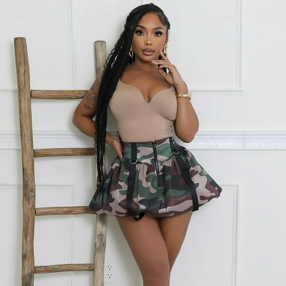 Camo Print Ruffle Short Mini Skirt (XL, ArmyGreen)