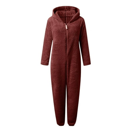 

Winter Coats for Women Women Long Sleeve Hooded Jumpsuit Pajamas Casual Winter Warm Rompe Sleepwear Coats for Women Polyester Wine 2Xl