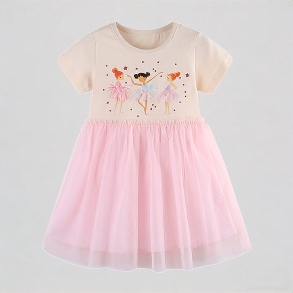 REDARER Toddler Girls' Short Sleeve Ballerina Print Dress, Tulle Tutu Dress, Casual Dance Party Dress for Kids,4-5 Years