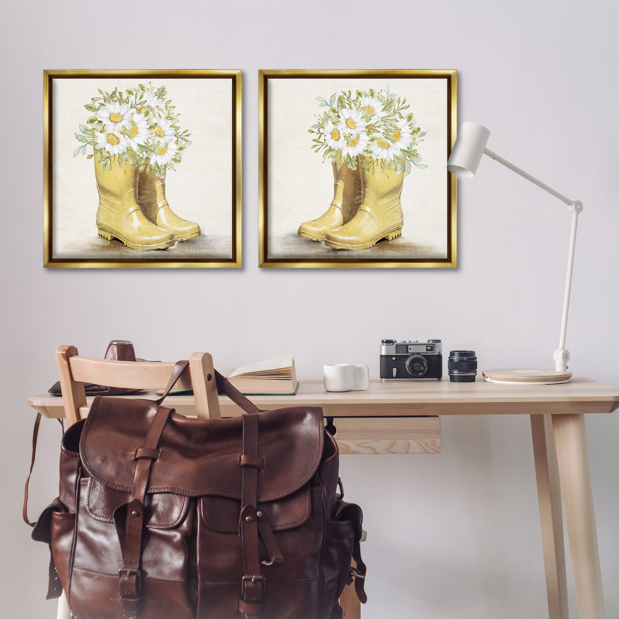 Stupell Industries Yellow Garden Boots Daisies Plants & Flowers Painting Gold Floater Framed Canvas Art Print Wall Art, 25 x 25, Set of 2