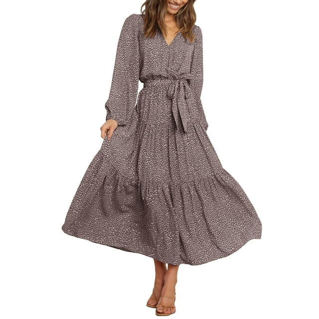 Vestido largo PRETTYGARDEN para mujer, estampado floral, manga larga, marrón