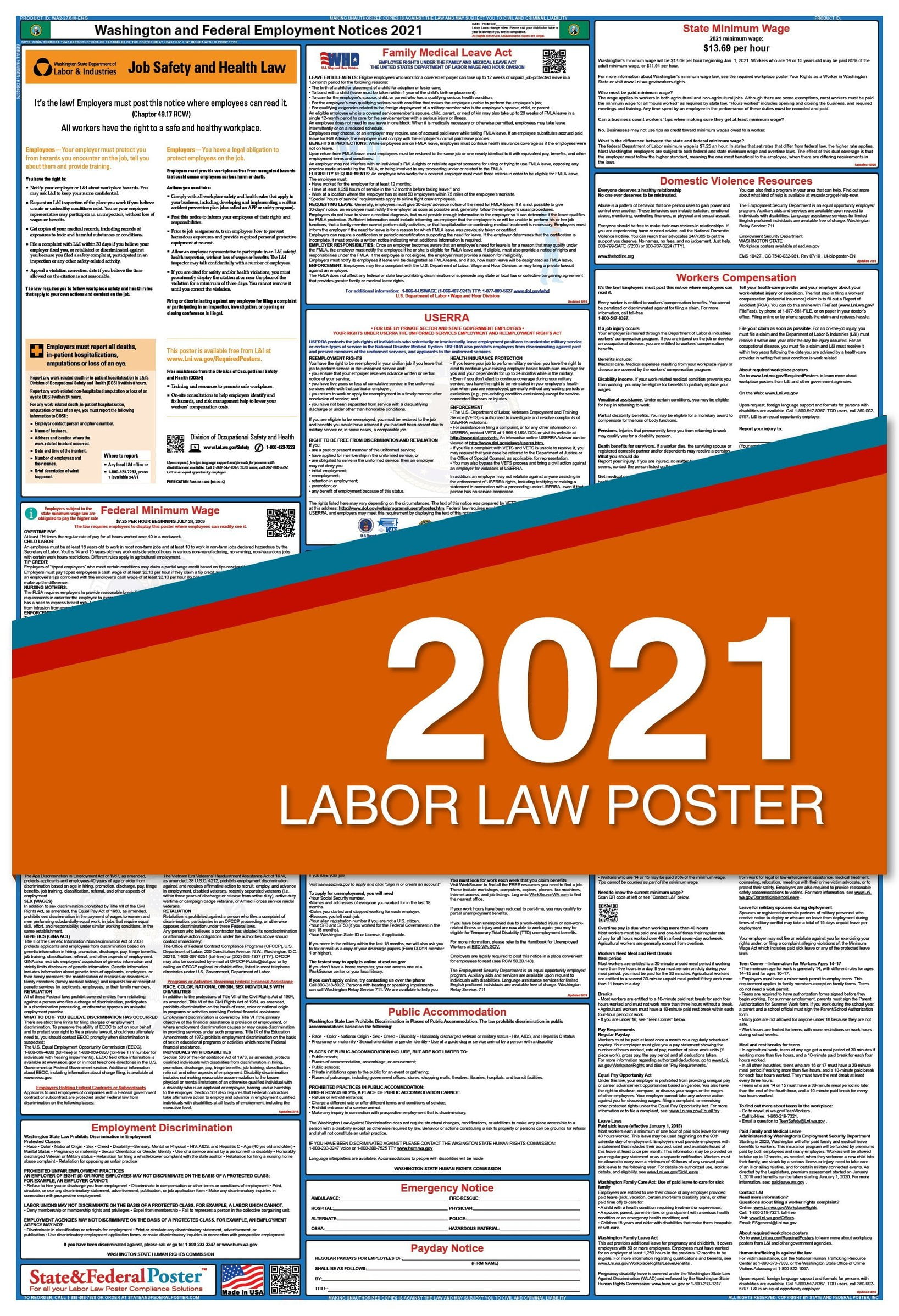 2021 Washington State and Federal Labor Law Poster (Laminated