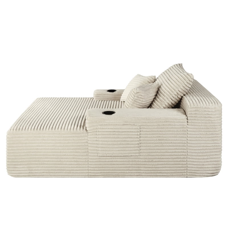 No-Assembly Chaise Lounge Armchair with Throw Pillows, Boneless Single Sleeper Sofa Bed with Cup Holder & Storage Pocket