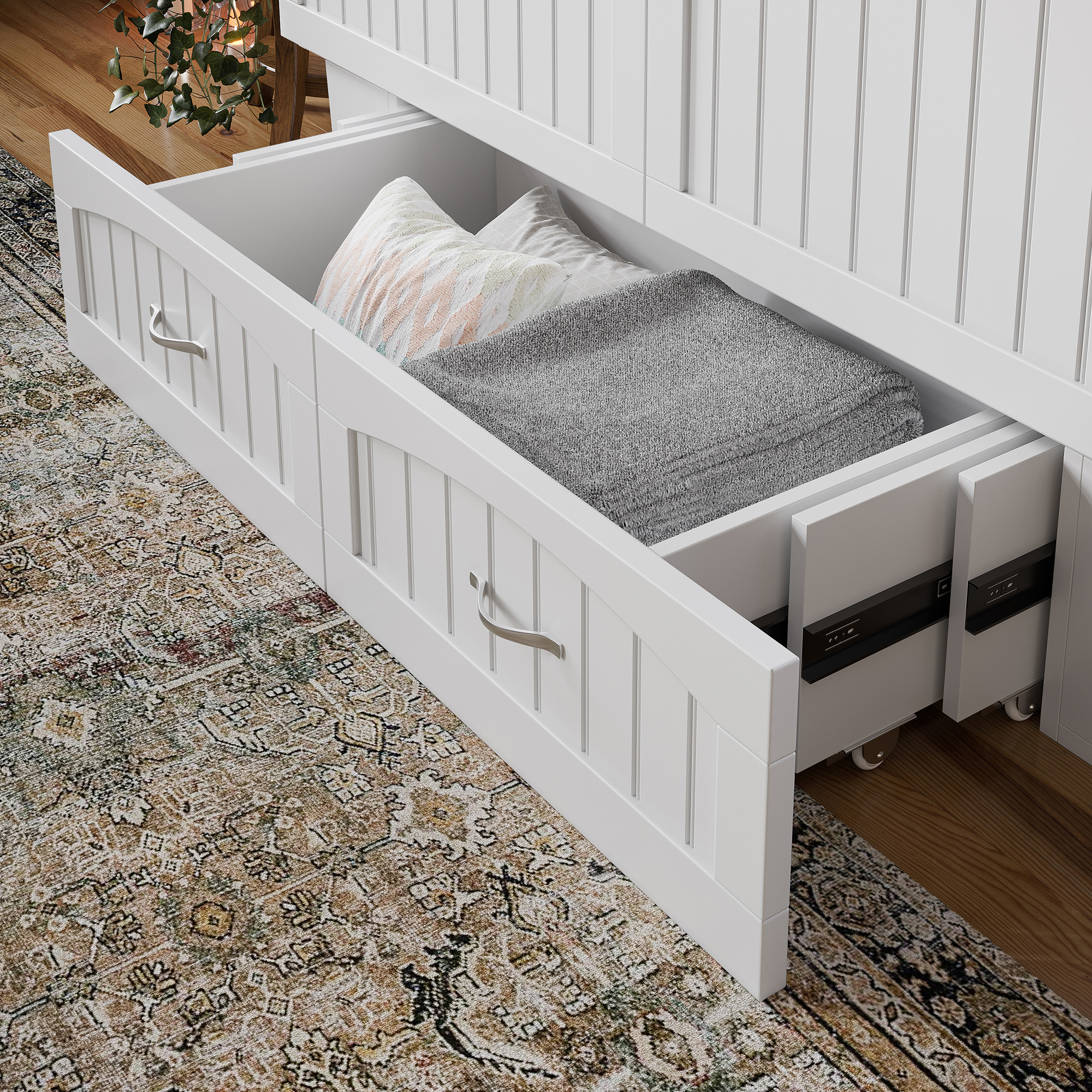AFI Sydney Queen Murphy Bed Chest with 6" Mattress, Storage, & Built-in Charger, White