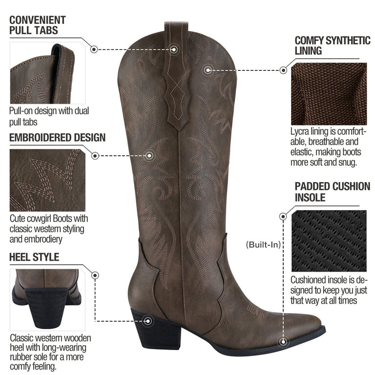 Rollda Cowboy Boots for Women Knee High Chunky Heel Western Cowgirl Boots with Classic Embroidered Dark Brown Size 8.5