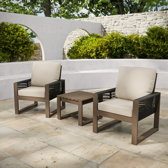 COOS BAY 3PCS Patio Bistro Set, Natural Real Wood Cedar Chair with Cushion and Side Table, Outdoor Sofa Set for Garden, Backyard, Beige