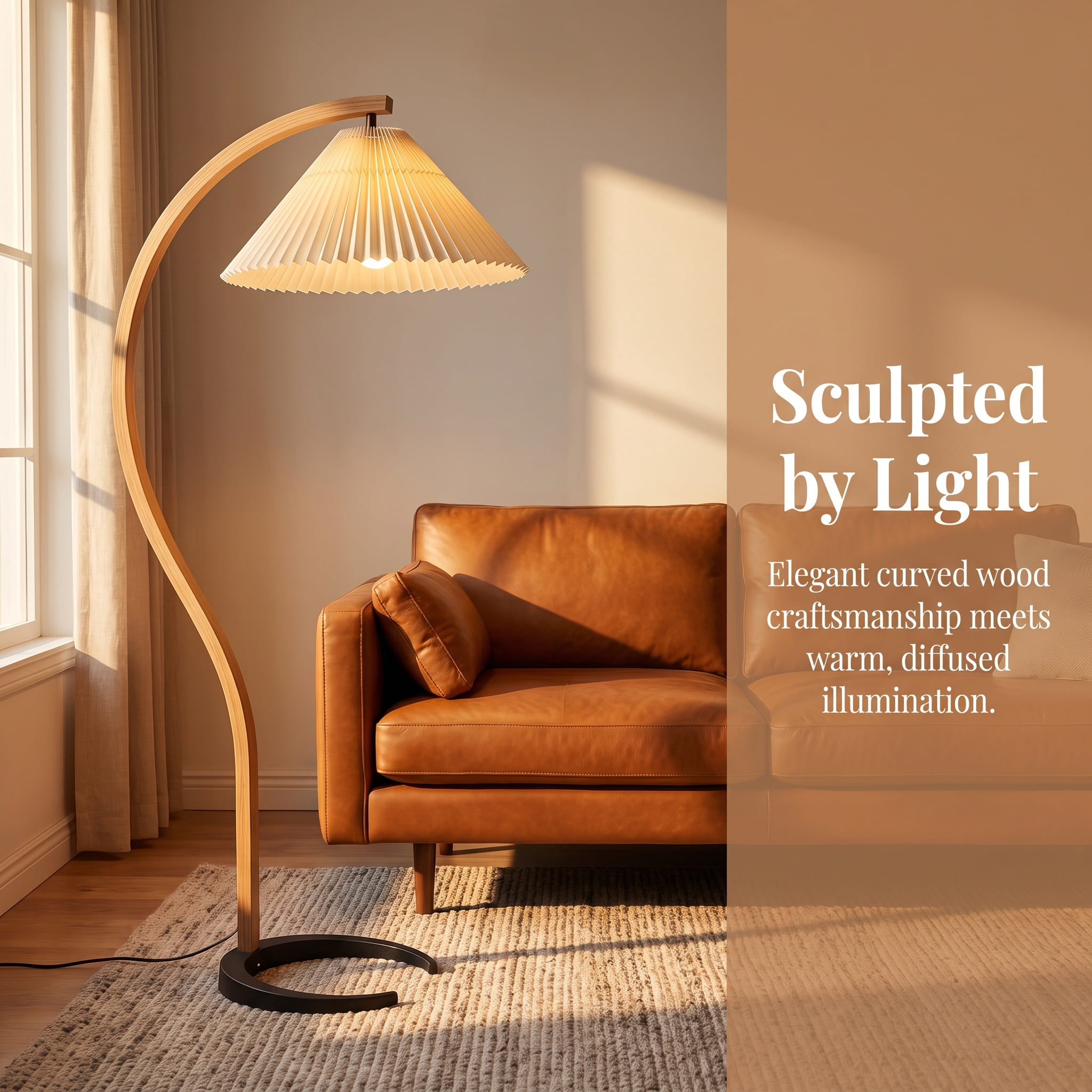 AISWORD Mid Century Curved Arc Floor Lamp with Pleated Fabric Shade, Solid Bentwood S-Shape Standing Reading Light with Heavy Base, Beige