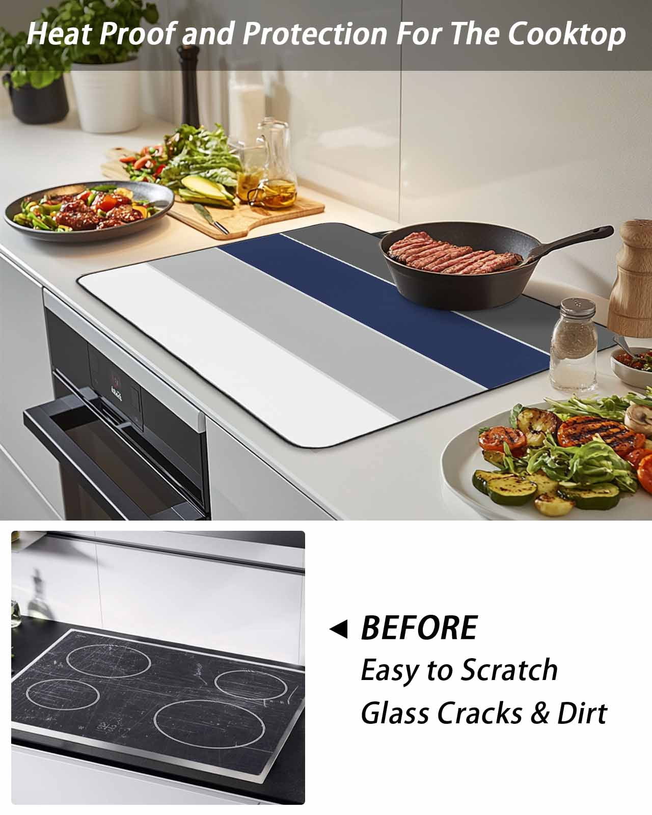 Stove Top Covers for Electric Stove, Navy Blue Grey Striped Glass Stovetop Cover Protector, Farmhouse Modern Induction Cooktop Protector Oven Mat for Kitchen Countertop 36"x21"