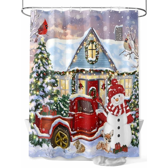 Fsddascl Farmhouse Christmas Shower Curtain Set - 48" x 72" Washable Bathtub Curtain with 12 Hooks, Xmas Snowman Truck Tree Waterproof Fabric Stall Shower Curtains for Bathroom/Bathtub Décor