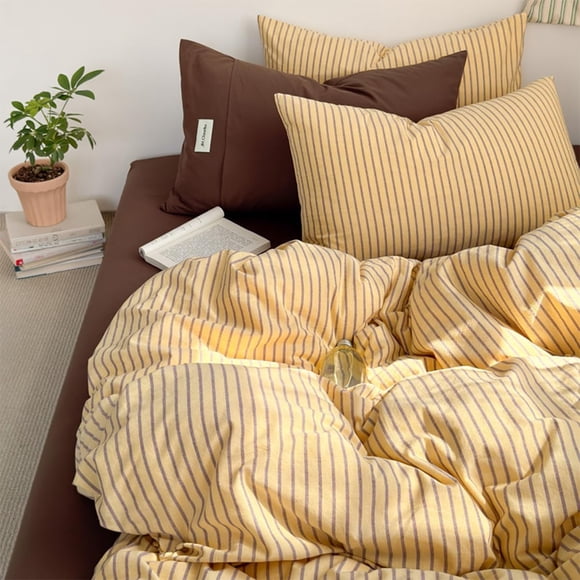 JOLUSERE Brown Stripes Yellow Duvet Cover King Set, 3-Piece Retro Vertical Ticking Stripes Soft Comforter Cover