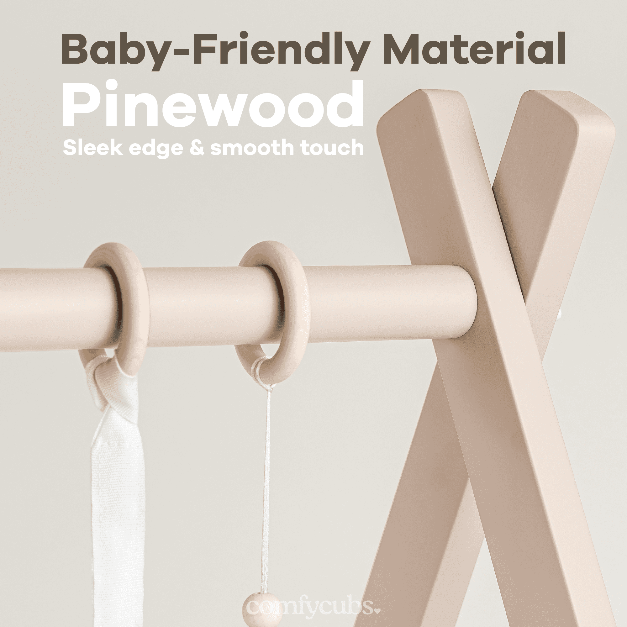 Comfy Cubs Baby Play Gym Set, Wooden Hanging Bar with Gym Toys, Foldable for Infants, Blush