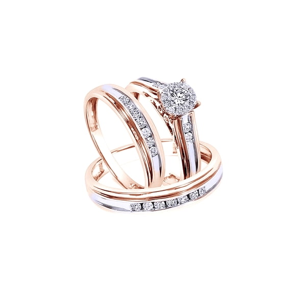 AFFY White Natural Diamond Wedding Trio Ring Set In 10k Rose Gold (0.75 Cttw)
