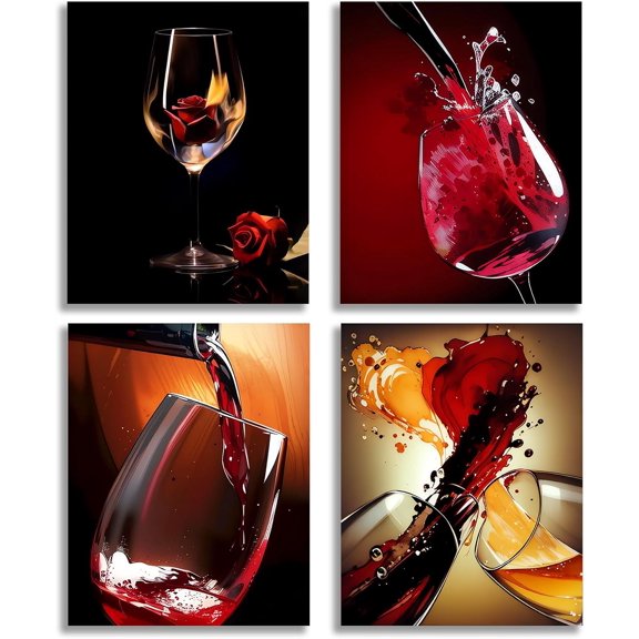 Red Wine Glass Wall Art, Canvas Posters for Kitchen, Dining Room, Restaurant, Bedroom, Set of 4-8x10 inches Unframed