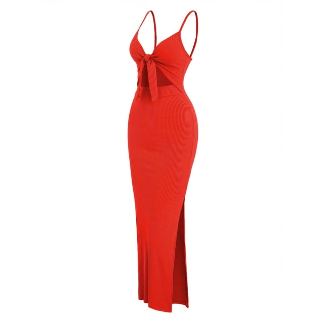 Vibrant V-Neck Cami Dress Sexy Cut Out Split Hem Sleeveless Flowy Essential