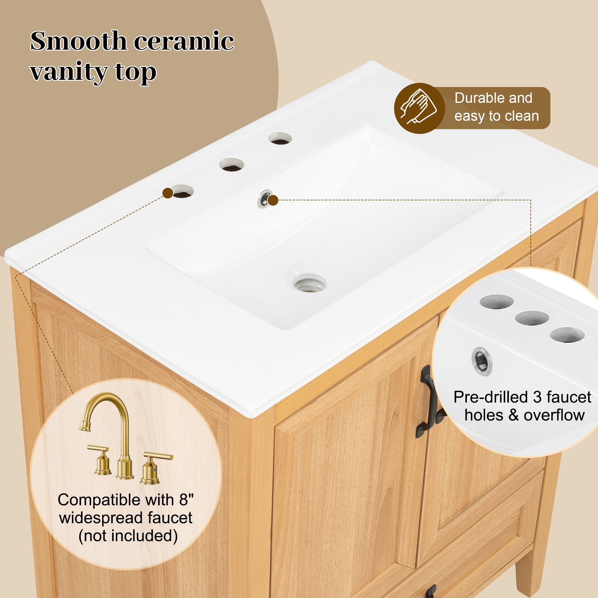 30" Natural Wood Grain Bathroom Vanity with Ceramic Sink Top, Solid Wood Legs, Soft-Close Double Doors & Bottom Drawer, Adjustable Interior Shelf, Door-mounted Organizers