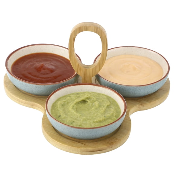 Chip and Dip Serving Set, 3 Ceramic Salsa Bowls with 10.0 x 0.5 in Wood Tray, 4.6 x 1.4 in Serving Bowls for Side Dishes, Condiments, Dipping, Salsa, Party, Buffets
