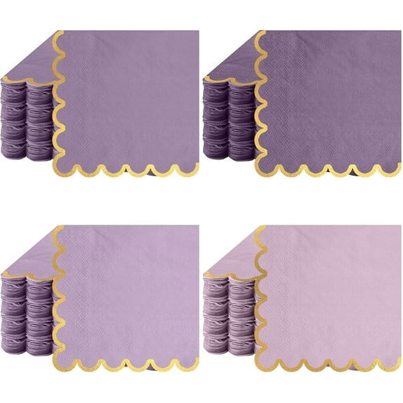 100 Pack Scalloped Cocktail Napkins with Gold Foil Accents Beverage Napkins Scalloped Disposable Paper for Wedding Shower Baby Dinner Birthday Party Supplies 5 x 5''(Purple)