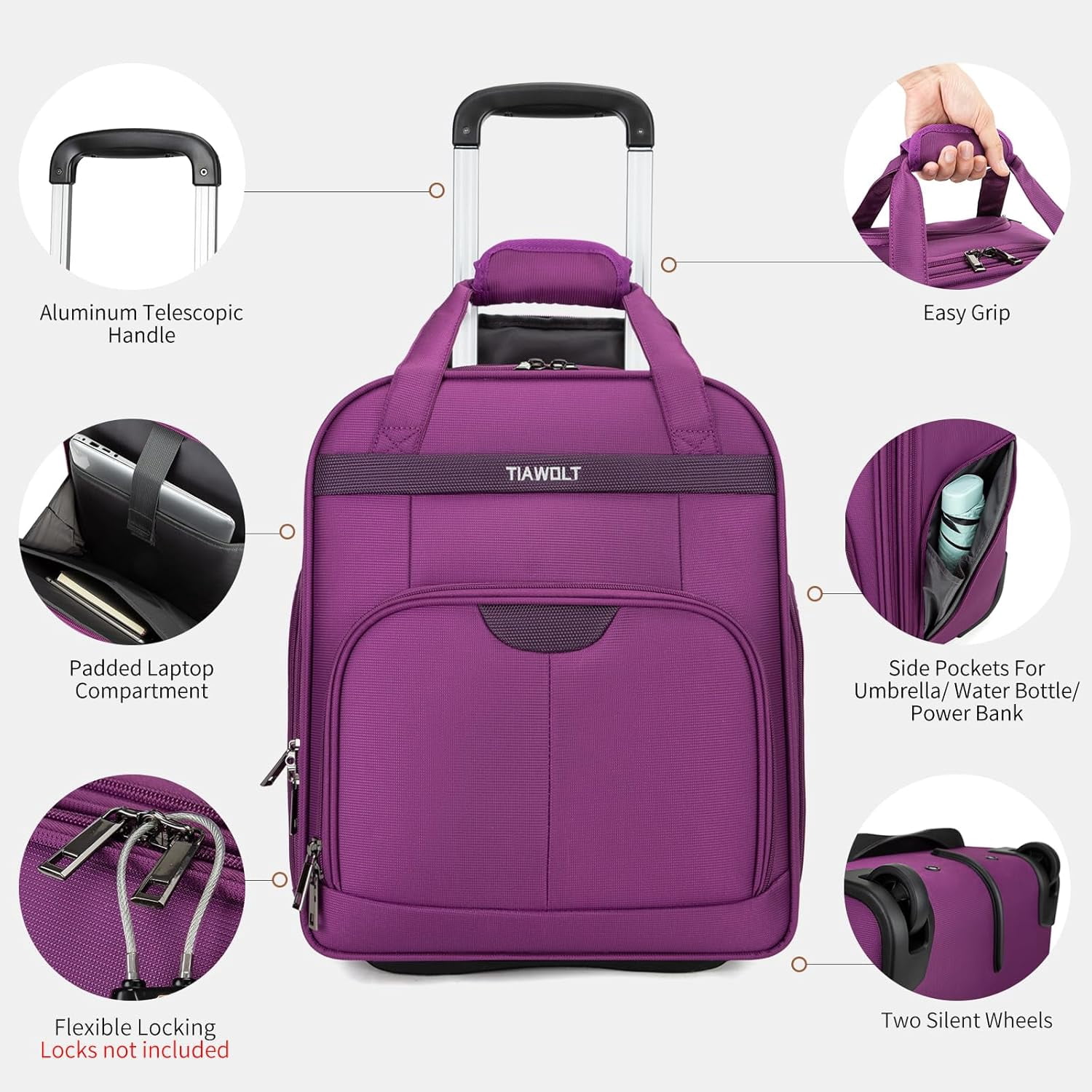 TIAWOLT Underseat Carry on Luggage with Wheels,16-inch Airline Approved Personal Item Stylish Softside Underseater Suitcases with Wet/Dry Pockets,Overnight Rolling Carry-on Bag for Short Trip, Purple