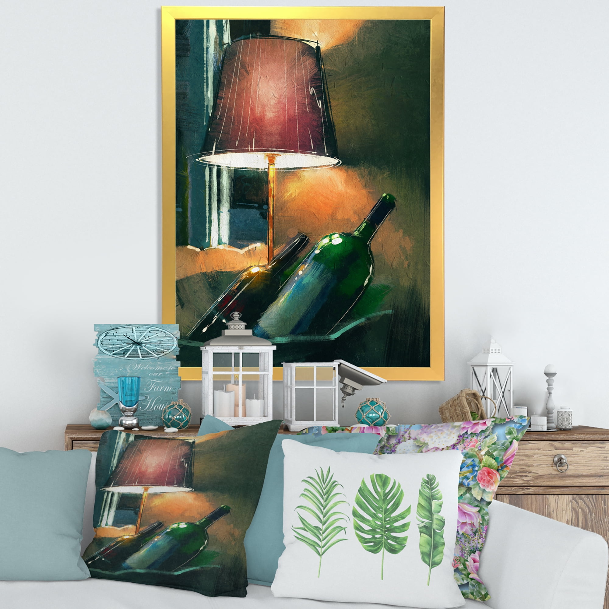 Designart 'Lamp Glowing Orange In The Night and Wine Bottles' Modern Framed Art Print