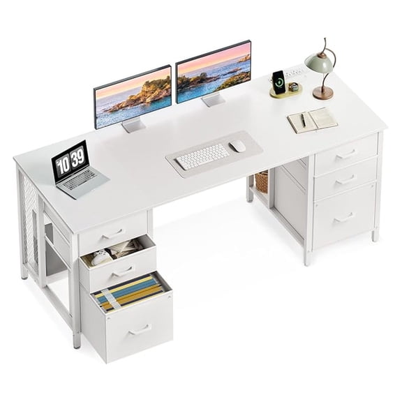 63 inch Office Desk with 6 Fabric Drawers & File Cabinets, Work from Home Computer Desk with Hidden Storage Stand & USB Ports, White