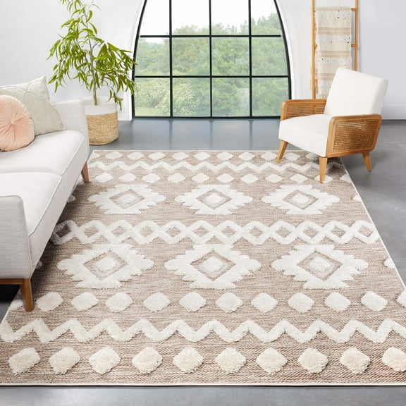 Well Woven Cenar 5'3" x 7'3" Beige Hi-Low Diamond Moroccan Area Rug