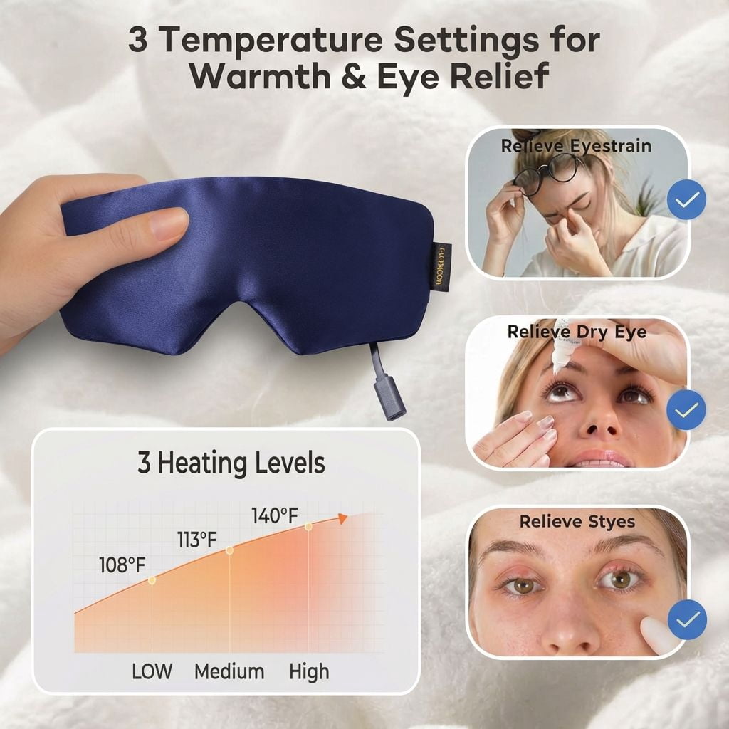 FACEMOON USB Heating Eye Mask, Warm Compress for Dry Eyes, Adjustable Temperature and Timer, Blepharitis and Sinus Migraine Relief