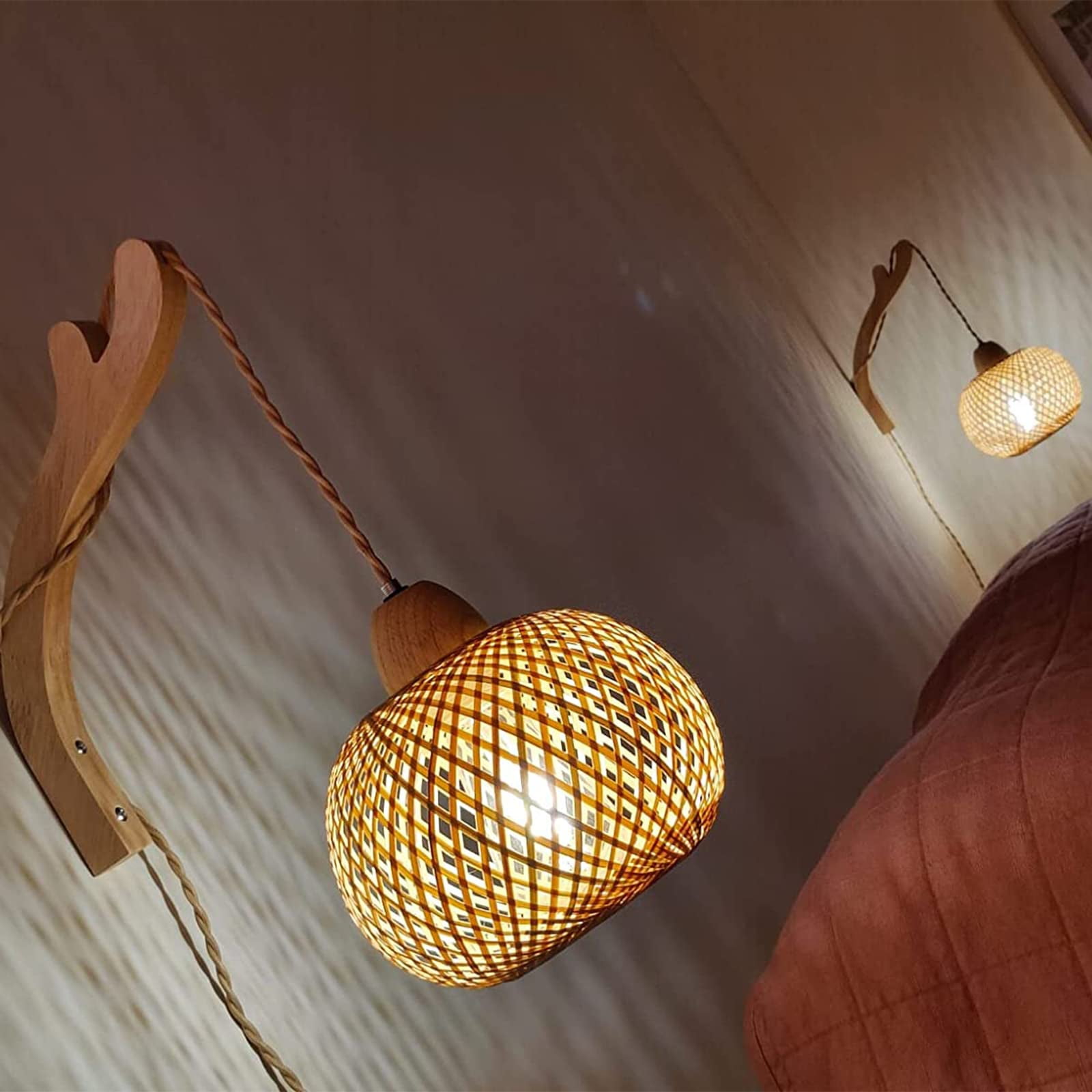 Frideko Home Plug in Wall Sconces Set of 2, Boho Rattan Wall Lights, Farmhouse Wall Light Fixtures with 9.84FT On/Off Switch Cord for Bedroom Living Room