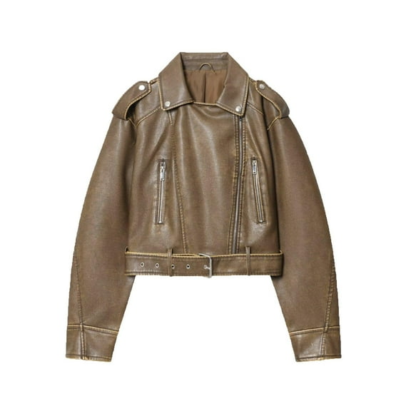 Yangnuo Womens Trendy Casual Clearance Leather Jackets 2025 Women's Fashion Zipper Pocket Belt Washed Leather Short Jacket Coat