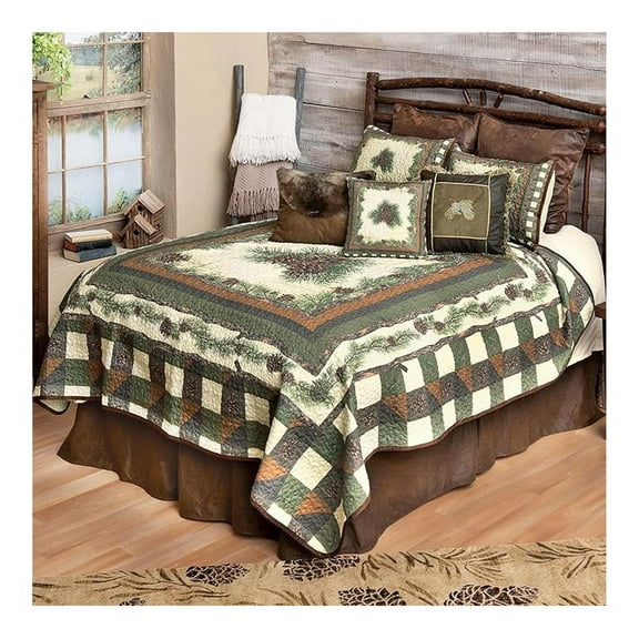 Black Forest Décor Woodland Pinecones Quilt Bed Set - King, Rustic Pinecone Quilt Bedding - 110" x 96"