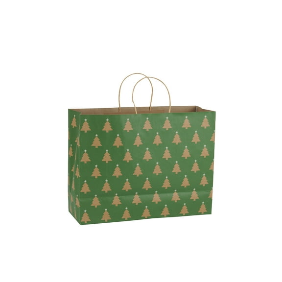 SSWBasics Large - Green Christmas Tree Paper Shopping Bags - Case of 100