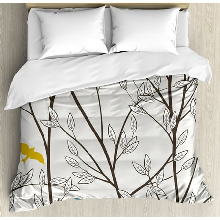 Nature Duvet Cover Set Birds Wildlife Cartoon Like Image With