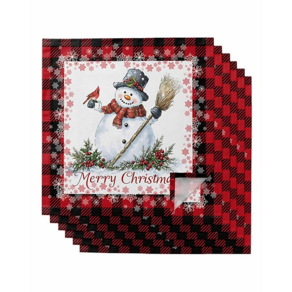 Red Plaid Christmas Cloth Napkins Set of 6, Snowman Xmas Berry Birds Washable Reusable Dinner Cocktail Napkin for Kitchen Party Wedding Banquet Holiday Baby Shower Table Decor